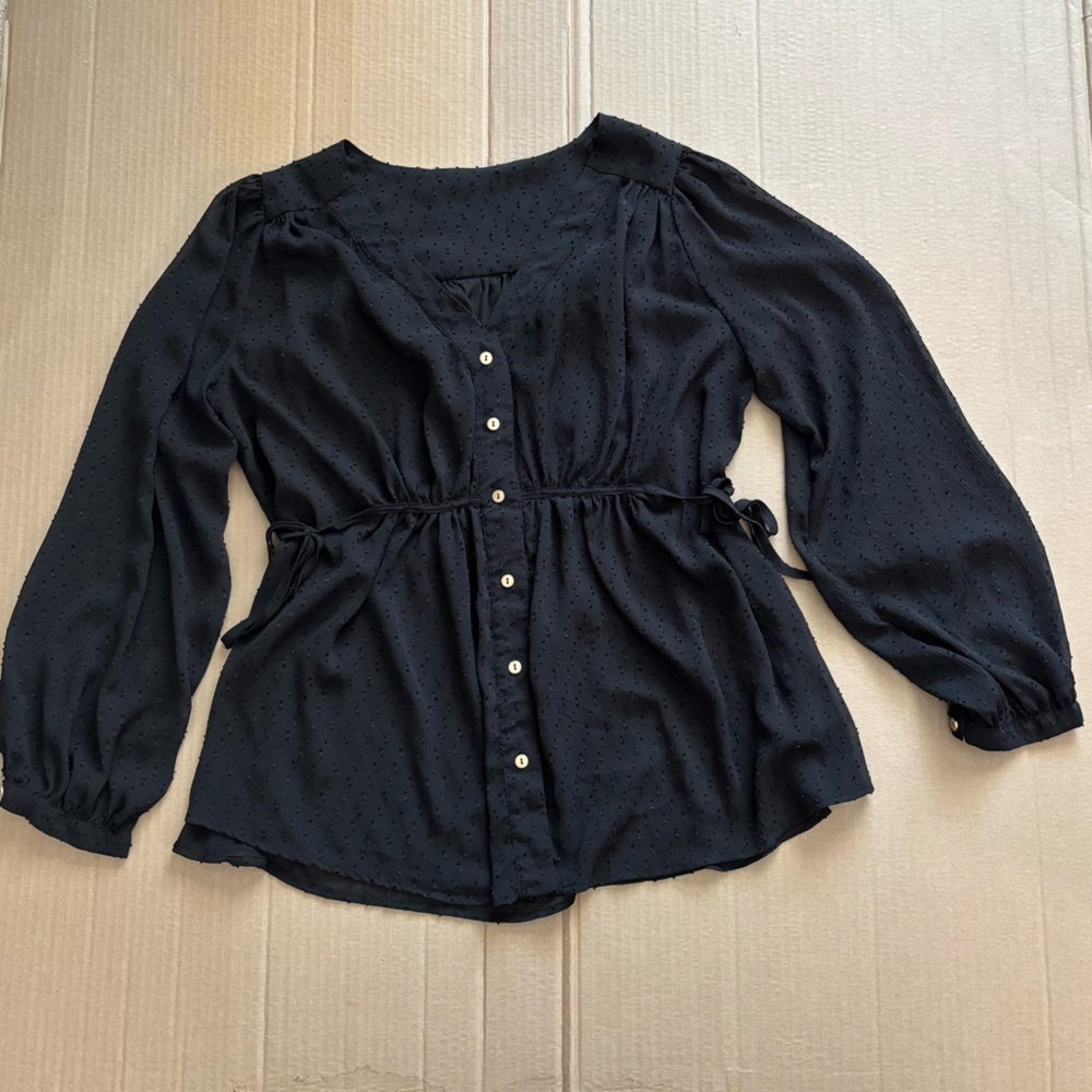 Black Swiss Dot Sheer Peplum Blouse Tie Waist Boho Top Button Up M